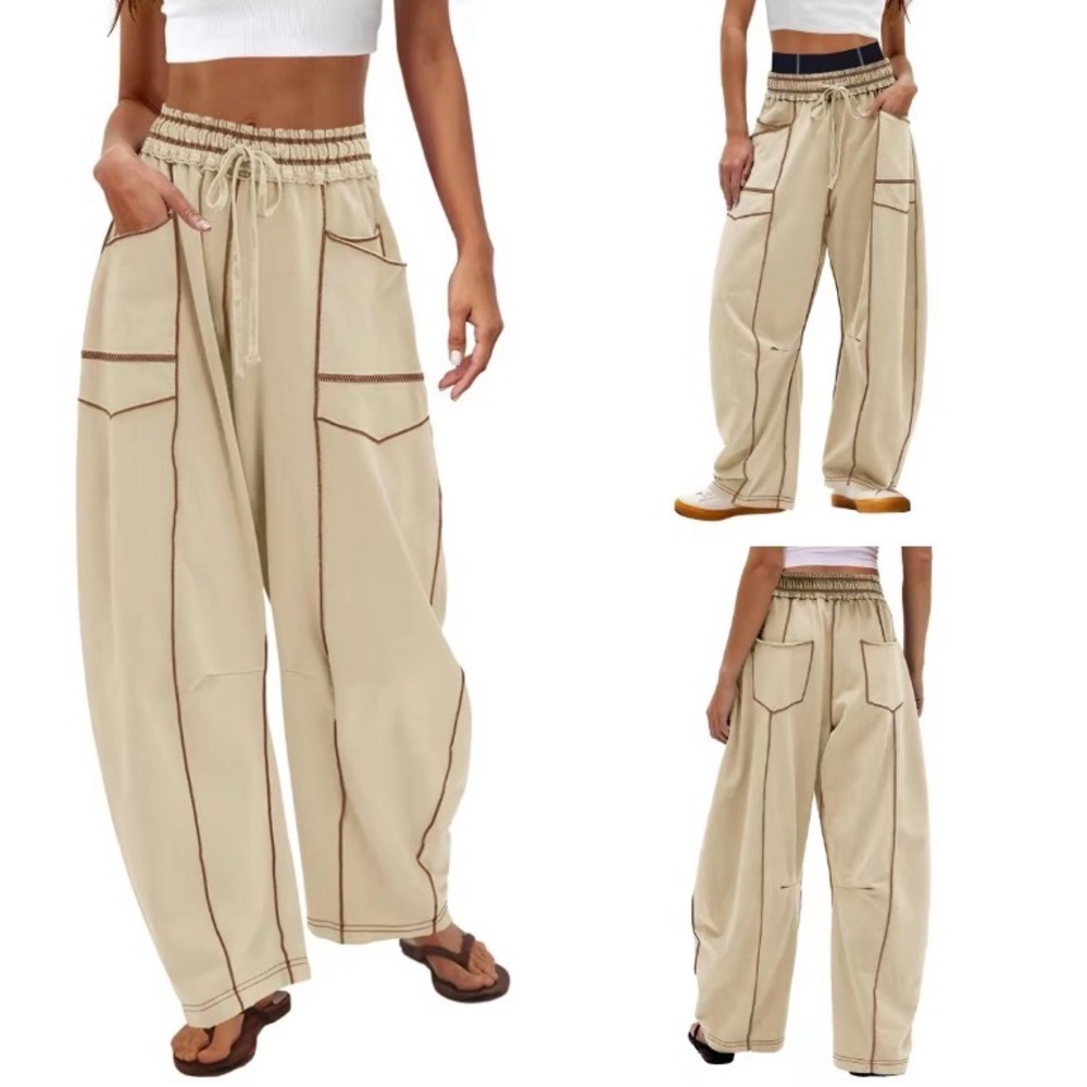 Wide Leg Stitch-Trim Cargo Pants - Beige